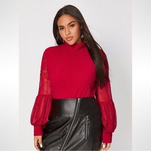 SHEIN Red High Neck Lace Lantern Sleeve Top